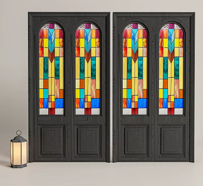 Double Doors Featuring Vibrant Stained Glass Window Panels Design 3d model