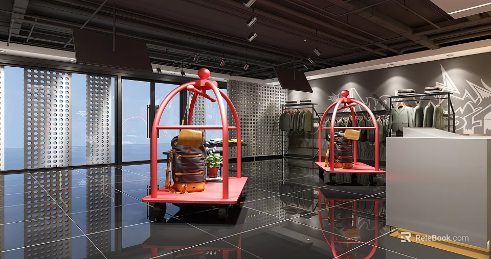 Modern Clothing Store With Red Arched Carts Black Floor Large Windows And Clothing On Racks 3d model 