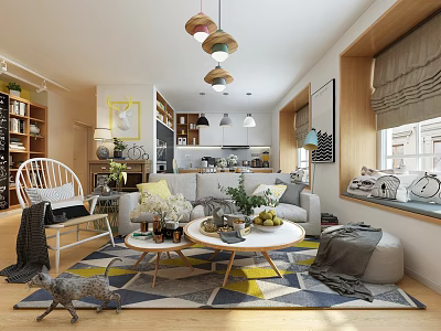 Modern Living Dining Room Interior Design With Sofa Coffee Table And Pendant Lights 3d model
