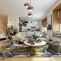 Modern Living Dining Room Interior Design With Sofa Coffee Table And Pendant Lights