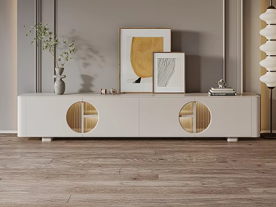 Modern Light Colored TV Stand With Circular Design Decorative Vase Green Plant Paintings And Books 3d model