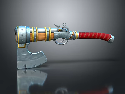 Steampunk Style Weapon With Silver Axe Head Brass Barrel And Red Striped Grip 3d model