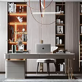 Modern Luxury Study Room With Bookshelves Desk Chandelier And Decorations