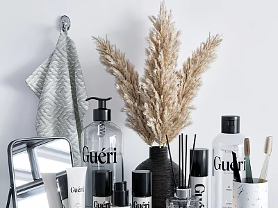 Modern Bathroom Accessories with Soft Towel Clear Bottles Small Mirror and Pampas Grass Decor 3d model