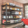Organized Garage with Metal Shelving Tools Tires Storage Items and Red Car