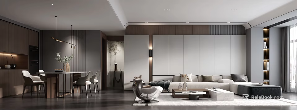 Modern Living Dining Area Interior With Sofa Dining Table Chairs And Wooden Wall Decor 3d model 