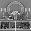Modern Decorative Ornament Set With Round Mirror Table Lamps Vase Green Succulents And Books