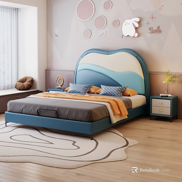 Blue And White Kids Bed With Wave Shaped Headboard Cartoon Wall Decor And Side Table 3d model 