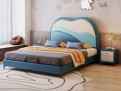 Blue And White Kids Bed With Wave Shaped Headboard Cartoon Wall Decor And Side Table 3d model