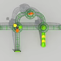 Green Netted Playground Structure With Spheres Slide Trees And Cartoon Figures