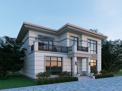 Modern Detached Villa With Two Story Structure Balcony Large Windows And Garden Greenery 3d model