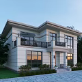 Modern Detached Villa With Two Story Structure Balcony Large Windows And Garden Greenery