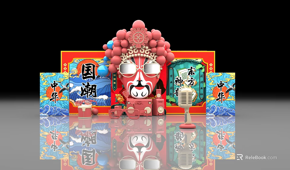 Guochao Themed Display With Peking Opera Mask And Oriental Aesthetics Elements 3d model 