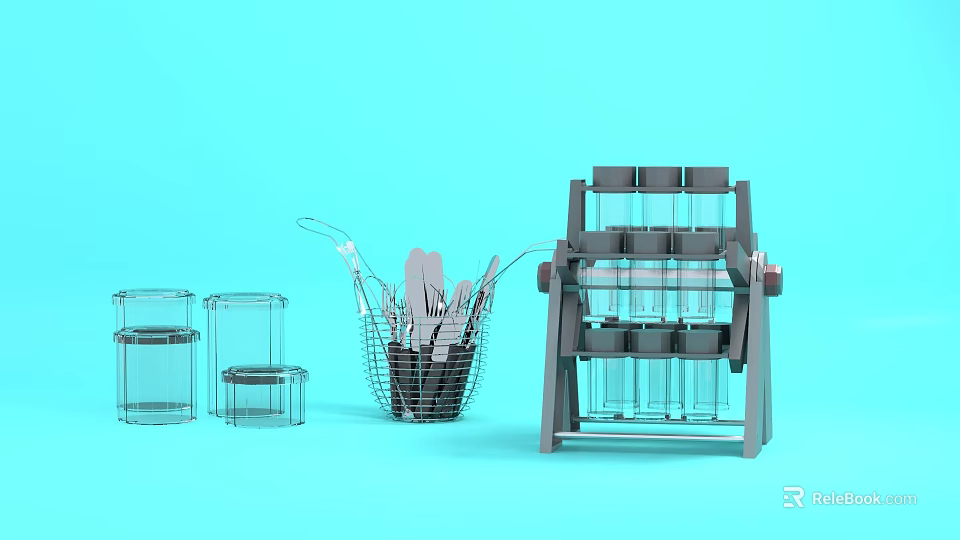Multi Tiered Kitchen Cabinet With Glass Jars And Utensil Storage Basket 3d model 