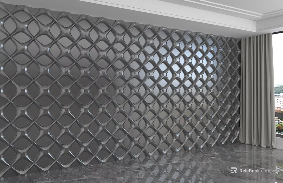Modern Gray Textured Background Wall With Diamond Lattice Three Dimensional Pattern And Marble Floor 3d model 