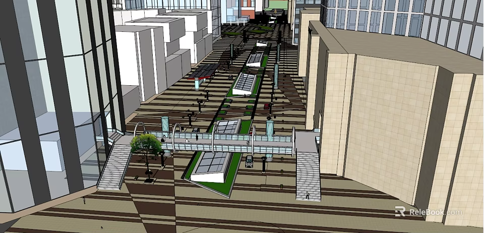 Vibrant Commercial Street Featuring Tall Buildings Pedestrian Walkways Green Plant Areas And Pedestrians 3d model 