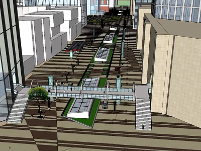 Vibrant Commercial Street Featuring Tall Buildings Pedestrian Walkways Green Plant Areas And Pedestrians 3d model