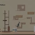 Indoor Wooden Cat Tree With Wall Mounted Perch Platform And Kitten Furniture Setup