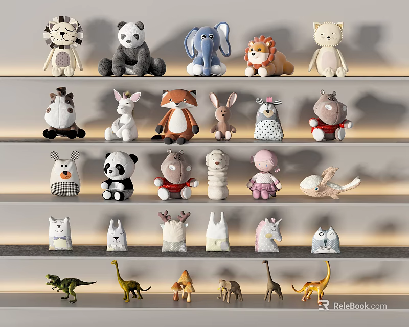 Colorful Plush Stuffed Toys Collection With Various Animal Designs On Shelves 3d model 
