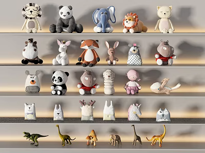 Colorful Plush Stuffed Toys Collection With Various Animal Designs On Shelves 3d model