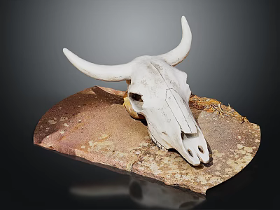 White Bull Skull Display on Textured Brown Base Against Dark Background 3d model