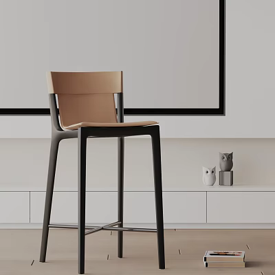 Modern Brown Black Bar Stool With Minimalist Wooden Backrest For Kitchen Living Room 3d model