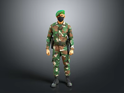 Military Figure In Camouflage Uniform With Green Beret Black Face Mask Standing On Gray Background 3d model