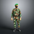 Military Figure In Camouflage Uniform With Green Beret Black Face Mask Standing On Gray Background
