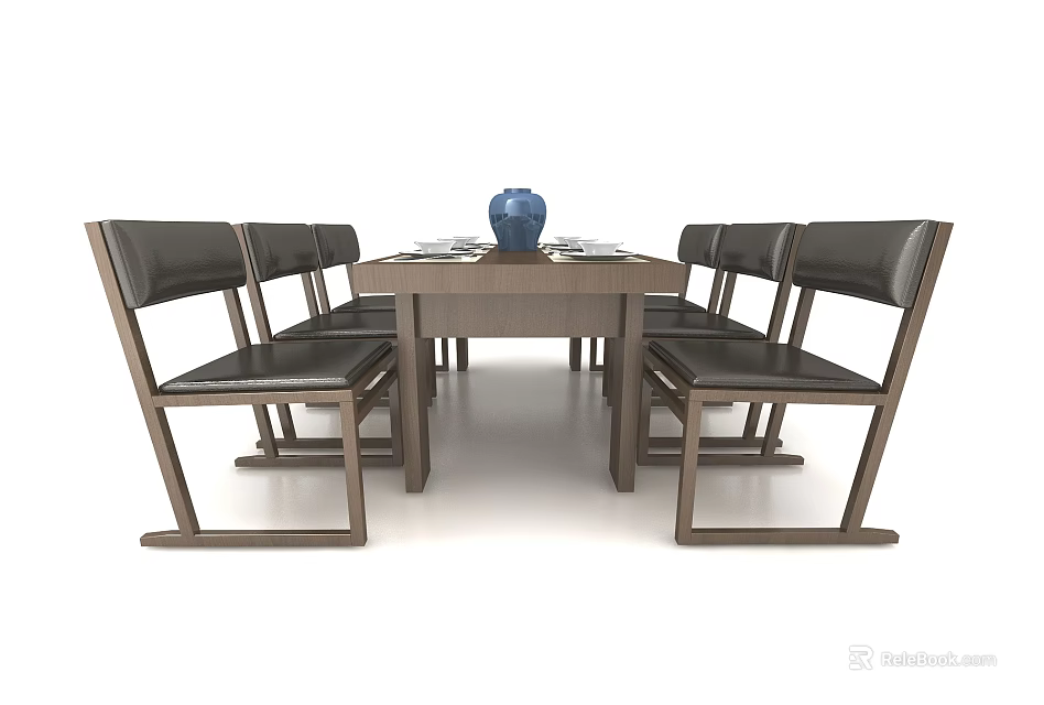 Modern Wooden Dining Table Set With Leather Chairs And Blue Decorative Vase 3d model 