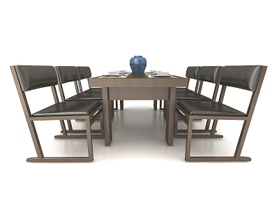 Modern Wooden Dining Table Set With Leather Chairs And Blue Decorative Vase 3d model