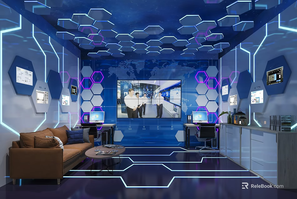 Futuristic Interior Space With Hexagonal Ceiling Blue Purple Lighting And Digital Screens 3d model 