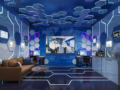 Futuristic Interior Space With Hexagonal Ceiling Blue Purple Lighting And Digital Screens 3d model