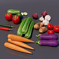 Fresh Assorted Vegetables Display With Carrots Cucumbers Red Peppers Eggplants Tomatoes Potatoes Onions And Garlic