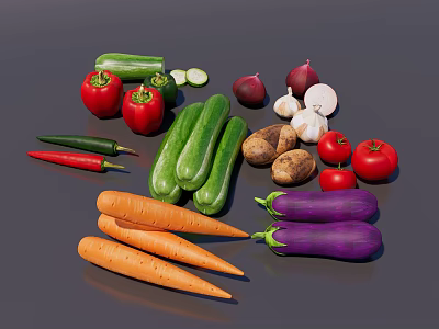 Fresh Assorted Vegetables Display With Carrots Cucumbers Red Peppers Eggplants Tomatoes Potatoes Onions And Garlic 3d model