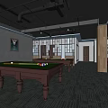Wooden Desks In Billiard Room With Dark Carpet And Ceiling Lights