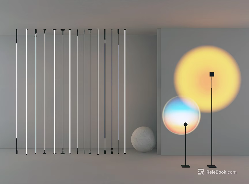 Modern Decorative Lights with Strip and Floor Lamps Featuring Circular Glowing and Gradient Color Effects 3d model 