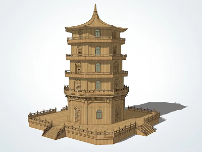 Traditional Wooden Pagoda Tower Featuring Multi Story Structure Platform Steps And Windows 3d model