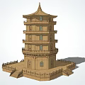 Traditional Wooden Pagoda Tower Featuring Multi Story Structure Platform Steps And Windows