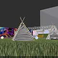 Nighttime Garden Landscape With Illuminated Tepees String Lights Round Lights And Green Grass 3d model
