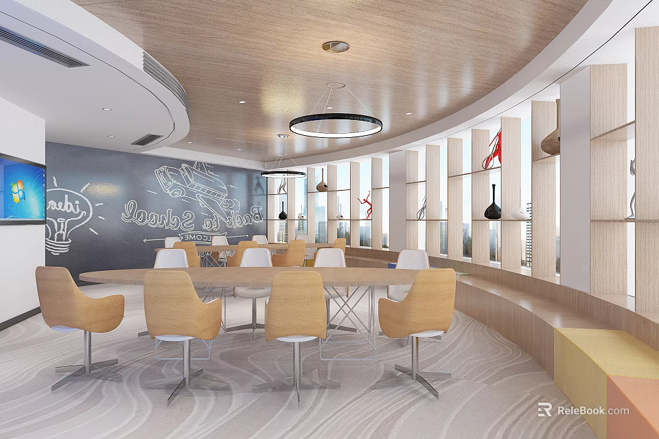 Modern Conference Room Interior With Round Table Yellow Chairs Blackboard Wall Hand Drawn Designs 3d model 