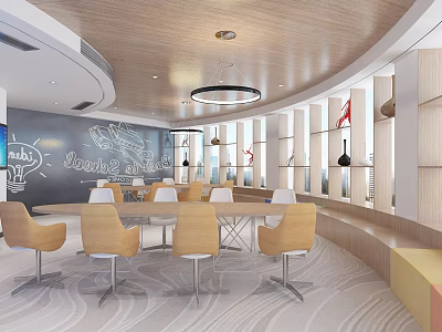 Modern Conference Room Interior With Round Table Yellow Chairs Blackboard Wall Hand Drawn Designs 3d model