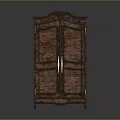 Antique Wooden Wardrobe Design With Double Doors And Ornate Carvings And Gold Handles