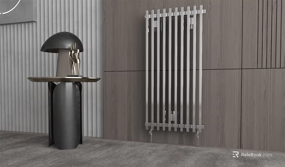 Modern Silver Radiator Installed On Wooden Wall In Contemporary Interior With Minimalist Furniture 3d model 