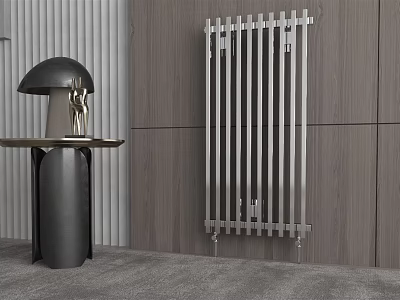 Modern Silver Radiator Installed On Wooden Wall In Contemporary Interior With Minimalist Furniture 3d model
