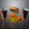 Delicious Hamburger with Fresh Bun Tomato and Cucumber Slices and Cold Drinks