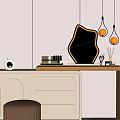 Modern Dressing Table With White Drawers Wooden Countertop Illuminated Mirror And Hanging Pendant Lights