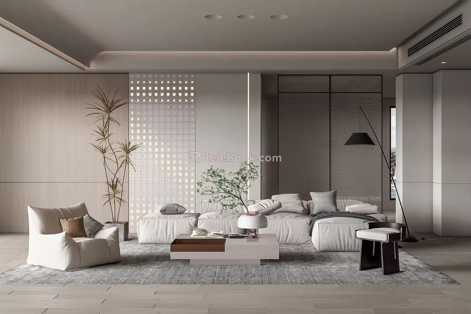 Modern Living Room Sofa Coffee Table Combination Lazy Sofa Leisure Chair Floor Lamp Screen Partition Green Plant Potted Plant 3d model