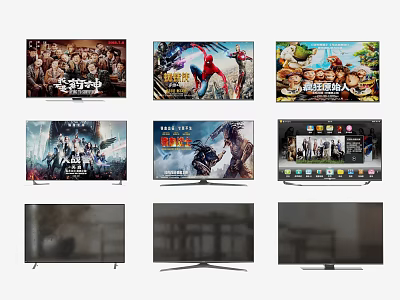Modern TVs with Various Entertainment Content and Diverse Screen Designs 3d model