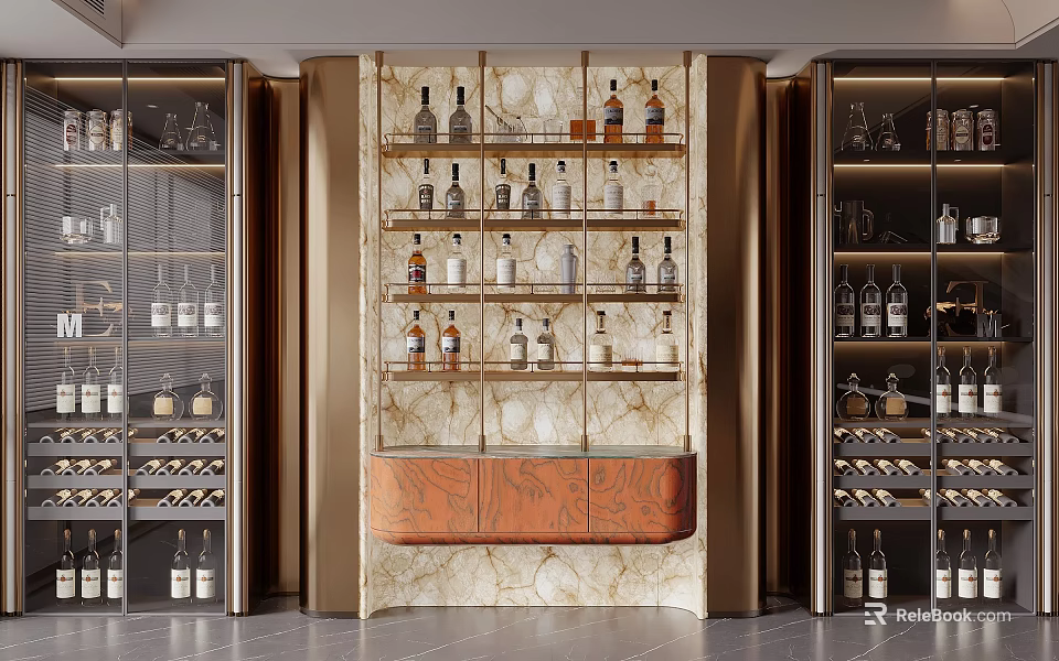 Luxurious Modern Wine Cabinet With Marble Backdrop And Glass Display Shelves 3d model 