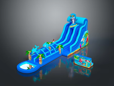 Blue Inflatable Water Slide With Cartoon Character Palm Tree Decorations And Pool Area 3d model